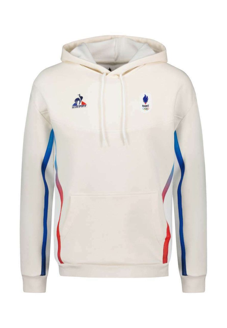 Sudadera con capucha, color crema, con rayas laterales en azul, rojo y blanco. Incluye un bolsillo frontal y logos bordados en el pecho.