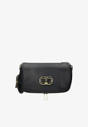 Schwarze Umhängetasche aus strukturiertem Leder mit goldfarbenem ovalem Verschluss und zwei Reißverschlusslaschen, ausgestattet mit einem kleinen, befestigten runden Münzbeutel.