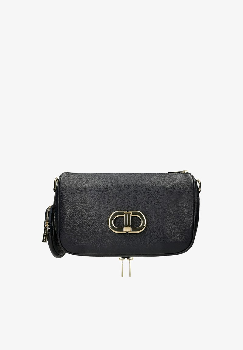 Zwarte, getextureerde leren crossbodytas met goudkleurige ovale sluiting en dubbele ritstrekkers, voorzien van een klein rond muntgeldvakje bevestigd aan de tas.