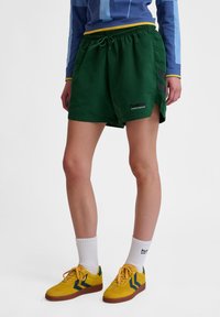 Gröna sportshorts med elastisk midja och dragsko. Har svarta sidostråk och en logotyp på fållen.