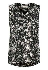 Blusa sin mangas en blanco y negro con cuello en V, presenta un patrón de salpicaduras y un dobladillo ligeramente curvado para un ajuste relajado.