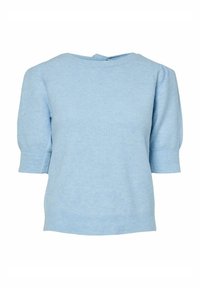 Ljusblå stickad tröja med rund halsringning, korta puffärmar och ribbade mudd. Har en nyckelhålsstängning i nacken baktill.