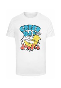 Hvit bomulls t-skjorte med et fargerikt grafisk design med "GREEN DAY," en tegneseriehund, og ordet "dookie" i fet rød skrift, satt mot en blå bakgrunn.