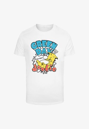 Fehér pamut póló, színes grafikával, amelyen a "GREEN DAY" felirat, egy rajzfilmkutya és a "dookie" szó vastag pirossal szerepel egy kék háttéren.