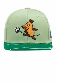 Green baseball cap with embroidered brown mouse character playing soccer, green brim with white stitching, cotton material.