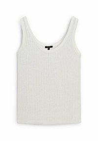Hvid tanktop lavet af tekstureret stof. Har brede skulderstropper og rund halsudskæring. Ribbede detaljer over hele.