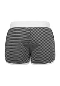 Shorts rayés noir et blanc avec une taille élastique douce et une bordure blanche, offrant un ajustement confortable et une texture lisse.