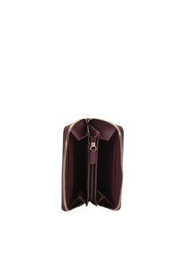 Burgundy leather wallet with a zip closure, multiple card slots, and a central zip compartment. Smooth texture and gold-tone zipper.