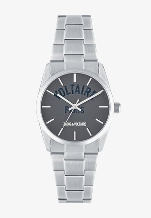 Orologio in acciaio inossidabile con quadrante grigio, indici delle ore argentati e un logo "VOLTAIRE PARIS" a motivo. Presenta un elegante cinturino a maglie.