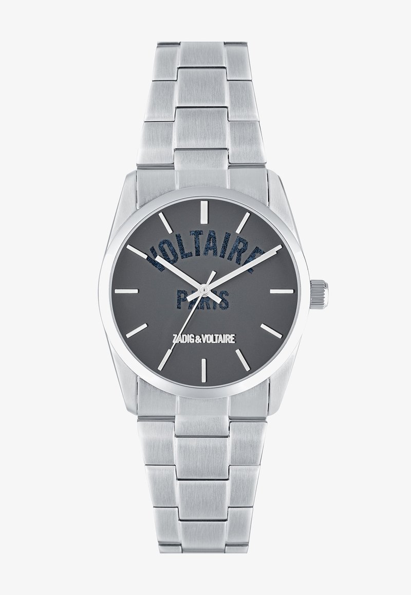 Rustfrit stål ur med en grå urskive, sølvfarvede timemarkører og et mønstrede "VOLTAIRE PARIS"-logo. Har et slankt kædearmbånd.