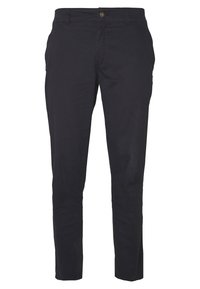 Navyblå, slim-fit byxor i bomull, med dragkedja, knäppning och framfickor. Slät textur med minimala detaljer.