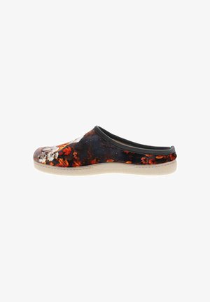 Sabot avec une semelle noire ornée de motifs floraux orange et blancs. Tige lisse, bout arrondi et semelle extérieure beige texturée.