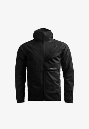 Schwarze wasserfeste Jacke mit hohem Kragen, frontalem Reißverschluss, schräger Brusttasche mit Reißverschluss und "ORTOVOX"-Logo auf der Tasche.