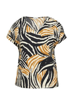 Blouse à manches courtes avec col en V et motif rayé abstrait noir, blanc et beige type zèbre sur tissu texturé.