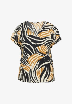 Blouse à manches courtes avec col en V et motif rayé abstrait noir, blanc et beige type zèbre sur tissu texturé.