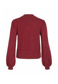 Pull bordeaux à manches longues avec épaules bouffantes et poignets ajustés, vu de dos sur fond blanc.
