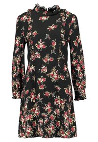Vestido negro con flores que presenta mangas largas, escote con volantes y una silueta en A con patrones de flores rojas y rosas en toda su superficie.