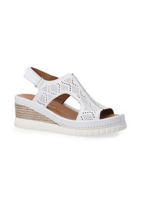 Weiße Keilsandalette mit Ausschnittdesign, strukturiertem Obermaterial und Slingback-Riemen. Verfügt über eine geflochtene Zwischensohle und eine flache Gummisohle.
