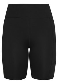 Černé atletické kraťasy z elastické látky, vybavené vysokým pasem, přiléhavým střihem, plochými švy a boční kapsou pro pohodlí.