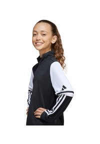 Veste de sport noir et blanc avec un col haut, des manches longues et des détails à trois rayures sur les bras. Texture de tissu lisse.