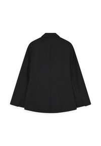 Zwarte op maat gemaakte blazer met een kraag, lange mouwen en een rechte snit. De achterkant is glad met een middennaad en geen zichtbare hardware.