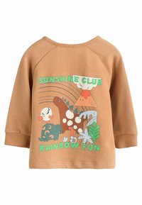 Ruskea huppari, jossa on raglan-hihat. Sisältää värikkään grafiikan, jossa on sarjakuvahahmoja, tulivuori ja teksti "AURINKO-KERHON SATEENKAARIHAUSKUUS".