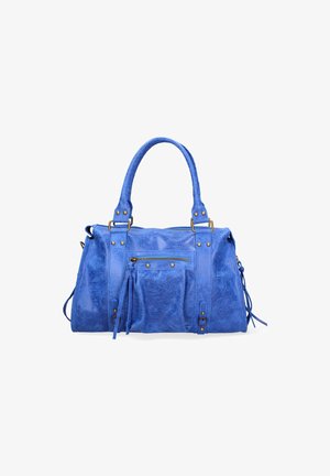 Sac à main en cuir bleu avec deux poignées supérieures, poche avant zippée, accents en métal et finition texturée. Dispose de franges latérales.