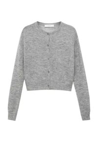 Grijze cropped cardigan, gebreide textuur, ronde halslijn, sluiting met knopen aan de voorkant en lange mouwen; minimalistisch ontwerp zonder patronen.