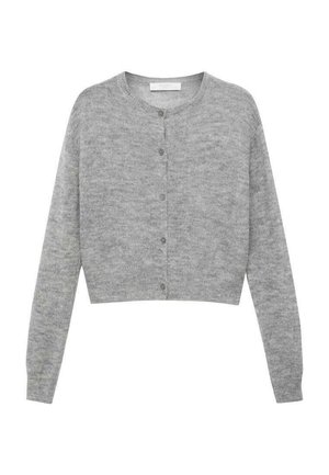 Sivý skrátený cardigan, pletená textúra, okrúhly výstrih, predné zapínanie na gombíky a dlhé rukávy; minimalistický dizajn bez vzorov.