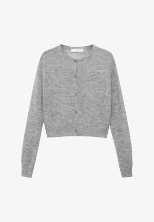 Harmaa lyhyt neulecardigan, neulottu rakenne, pyöreä pääntie, etuvetoketju ja pitkät hihat; minimalismi ilman kuvioita.