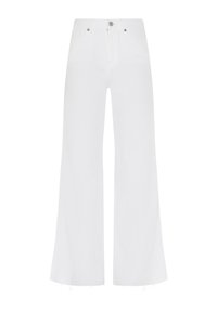 Pantaloni larghi in denim bianco con vita alta, chiusura con bottone e orlo non finito. Texture liscia e vestibilità rilassata e ampia.