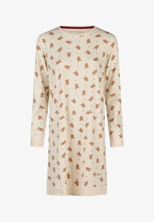 Nachthemd met lange mouwen in crèmekleurige katoen met een bruine peperkoekmannetjesprint, voorzien van een ronde halslijn en geribde manchetten.