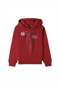 Felpa con cappuccio rossa, con polsini e orlo a coste, caratterizzata da un distintivo "Showdown Boston 91" e dal testo sbiadito "Heroic Challenge" sul fronte.
