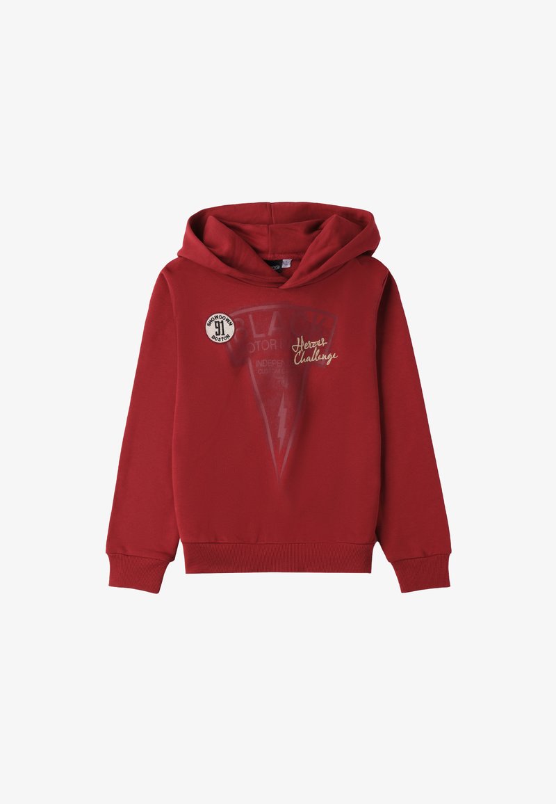 Felpa con cappuccio rossa, con polsini e orlo a coste, caratterizzata da un distintivo "Showdown Boston 91" e dal testo sbiadito "Heroic Challenge" sul fronte.