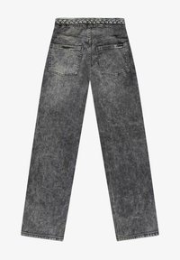 Grijze spijkerbroek van denim met een wijdvallende pijp, voorzien van een gevlochten tailleband, twee achterzakken en een vervaagde afwerking.