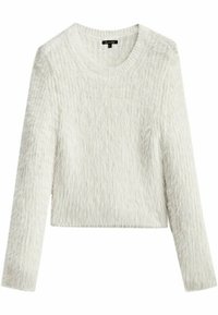 Pull blanc court avec une texture douce et duveteuse et des manches longues. Encolure ronde ; motif vertical subtil sur le tissu.