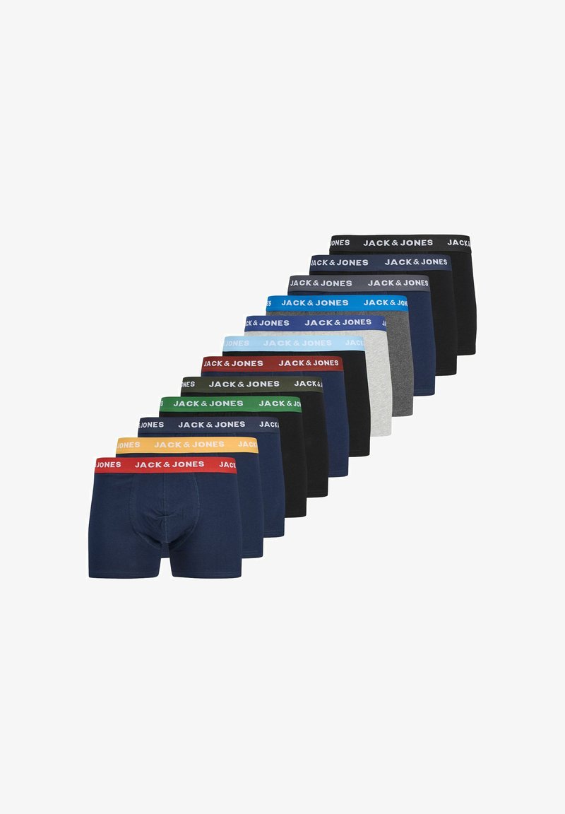 Dwanaście par męskich bokserek w różnych kolorach, każda z elastycznym paskiem z logo "JACK & JONES".