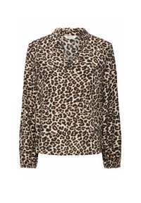 Blusa con stampa leopardata caratterizzata da un collo arricciato, maniche lunghe e una vestibilità comoda. Il tessuto ha una consistenza morbida con macchie marroni e nere.