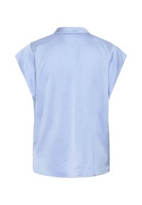 Blouse sans manches bleu clair avec un petit col, tissu lisse et un ourlet légèrement courbé, vue de dos.