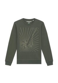 Donkergroen sweatshirt met lange mouwen, met een grafisch ontwerp van een fietswiel en zonnestraal in lichtbeige. Zachte stoftextuur.