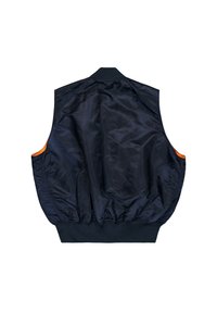 Chaqueta bomber sin mangas de color azul marino con una textura suave y brillante. Presenta puños elásticos y detalles contrastantes en naranja en los bolsillos laterales.