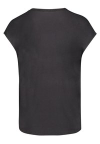T-shirt noir à manches courtes avec un col rond et une coupe décontractée. Fabriqué en tissu doux et léger, il présente une texture lisse et un ourlet arrondi.