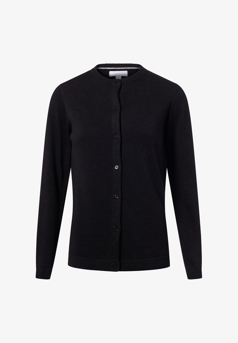 Zwarte cardigan met een ronde halslijn, lange mouwen en knopen aan de voorkant. Gemaakt van een zachte gebreide stof met geribbelde manchetten en een zoom.