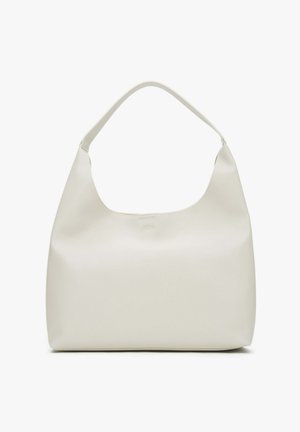 Weiße Leder-Hobo-Tasche mit einer glatten, weichen Textur. Verfügt über einen geschwungenen Griff und ein minimalistisches Design ohne sichtbare Beschläge oder Akzente.
