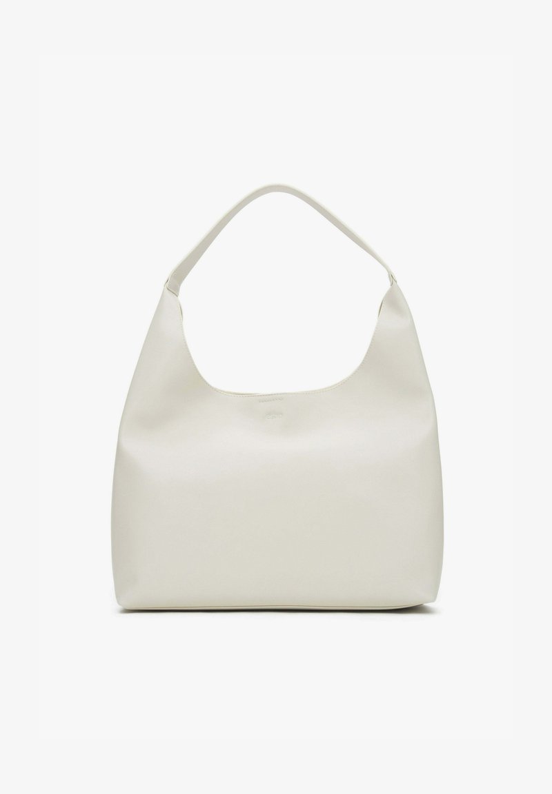 Witte leren hobo-tas met een gladde, zijdezachte textuur. Heeft een gebogen handvat en een minimalistisch ontwerp zonder zichtbare hardware of accenten.