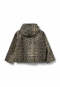 Hættejakke med leopardprint og lange ærmer, vist bagfra på en hvid baggrund.