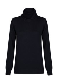 Schwarzer Rollkragenpullover aus gestricktem Stoff; mit langen Ärmeln, gerippten Bündchen und einem leicht lockeren Schnitt mit einem doppellagigen Kragen.