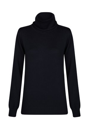 Black turtleneck sweater made of knitted fabric; features long sleeves, ribbed cuffs, and a slightly loose fit with a double-layered neck.
