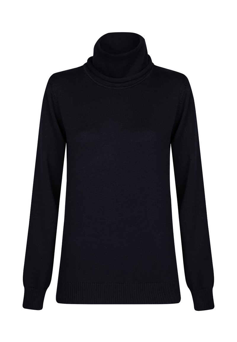 Schwarzer Rollkragenpullover aus gestricktem Stoff; mit langen Ärmeln, gerippten Bündchen und einem leicht lockeren Schnitt mit einem doppellagigen Kragen.