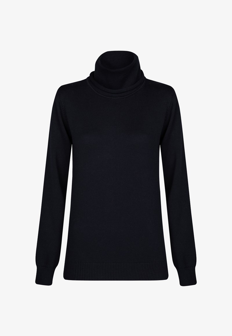 Maglione a collo alto nero realizzato in tessuto lavorato a maglia; presenta maniche lunghe, polsini a coste e una vestibilità leggermente morbida con collo a doppio strato.